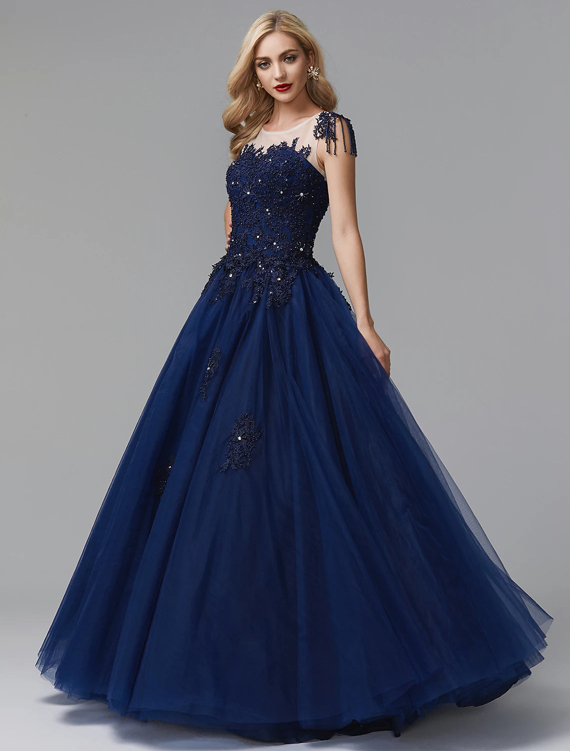Vestido de fiesta con brillo, vestido de quinceañera, cola capilla, manga larga, hombros descubiertos, satén con apliques de cuentas
