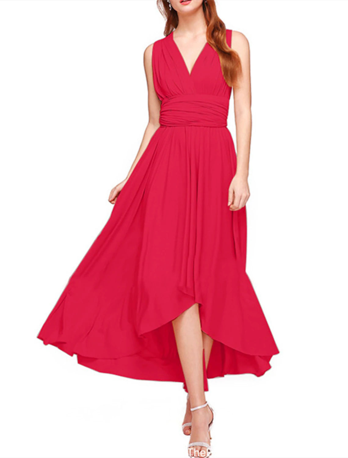 Champagne Chiffon A-Line High-Low Bridesmaid Dress with V-Neck and Ruched Bodice