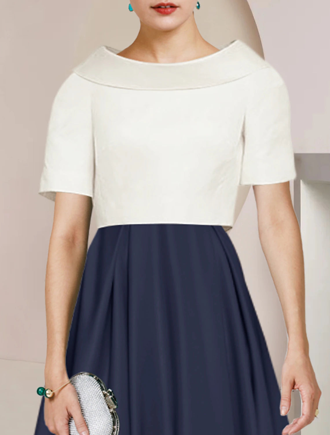 Abito da cerimonia per la madre della sposa, a trapezio, elegante, con scollo a barchetta, lunghezza tè, in raso, maniche corte, con pieghe, color block