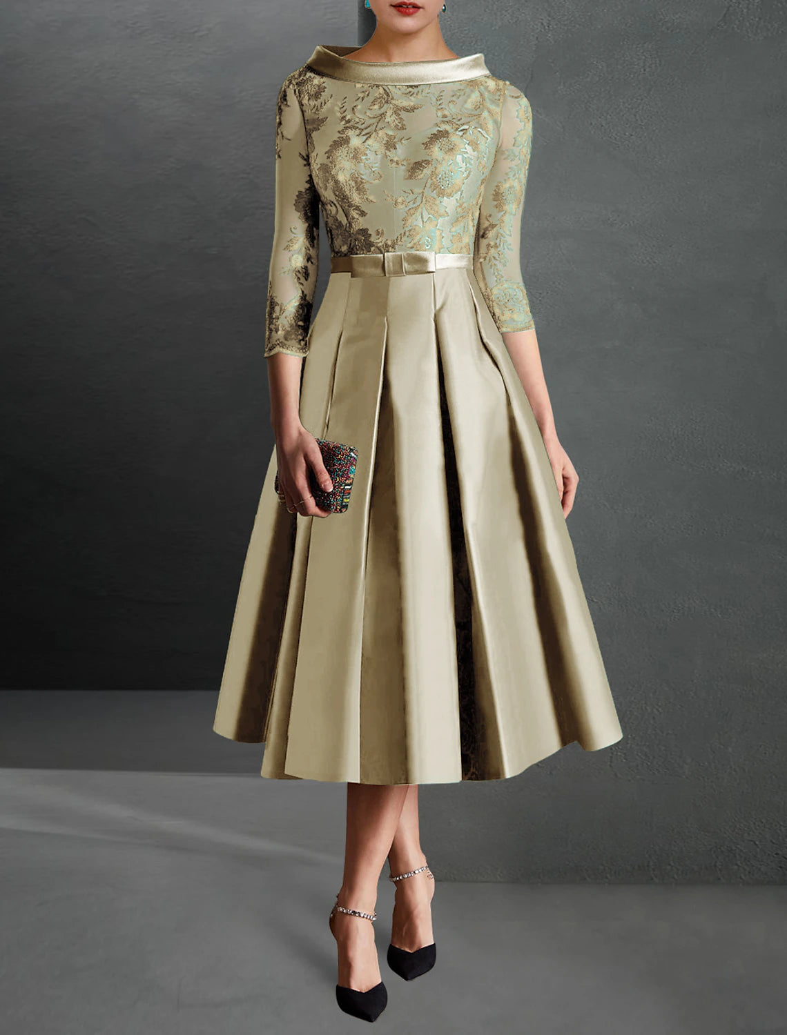 Champagne Satin A-Line Tea-Length Evening Dress with Boat Neck, Lace Bodice & Pleated Skirt