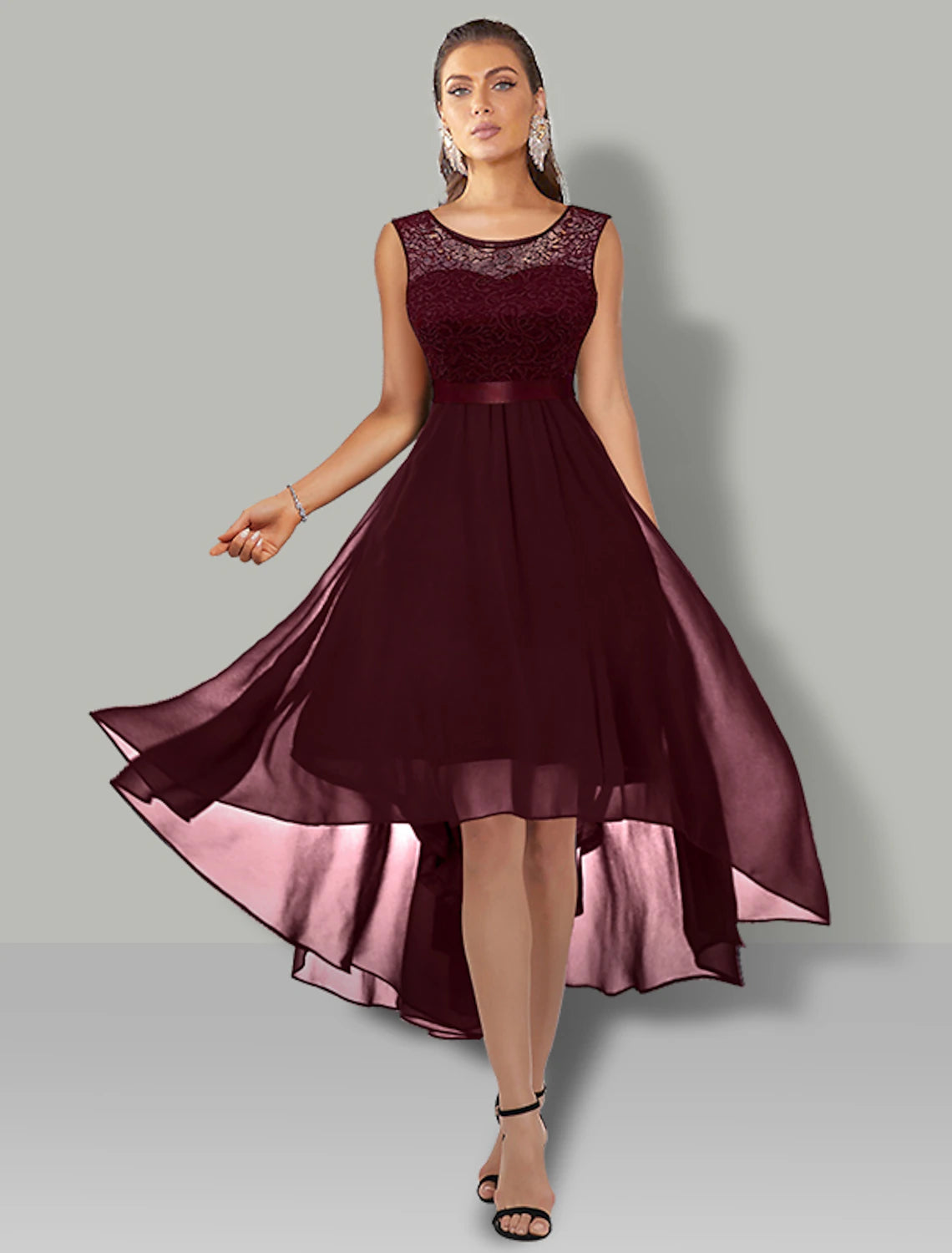 Dark Navy Lace Bodice Chiffon A-Line High-Low Bridesmaid Dress with Scoop Neck & Back Zip