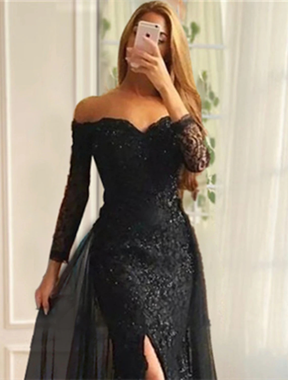 Black Sequin Mermaid Off-the-Shoulder Floor-Length Dress