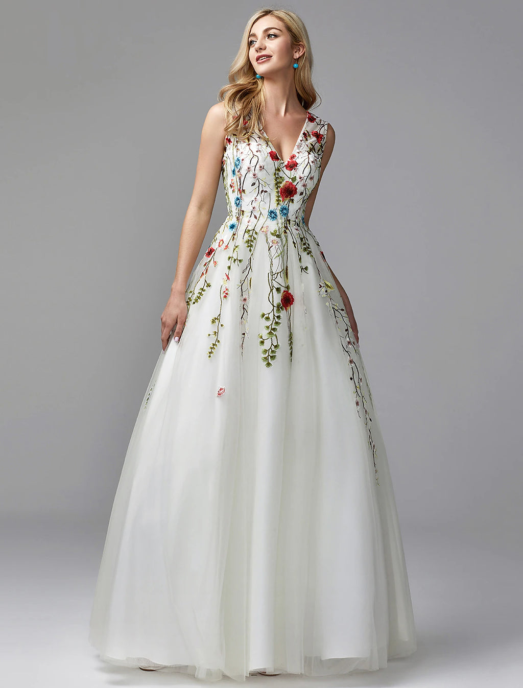 White Floral Embroidered Tulle A-Line Floor-Length Evening Dress