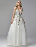 White Floral Embroidered Tulle A-Line Floor-Length Evening Dress