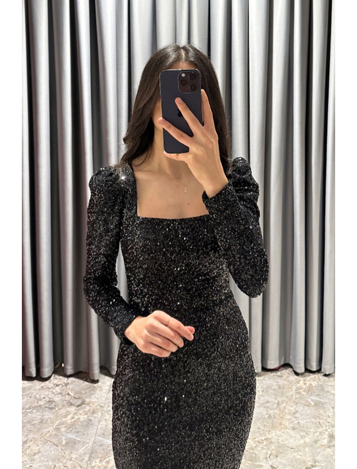 Black Sequin Midi Evening Dress with Puffed Long Sleeves