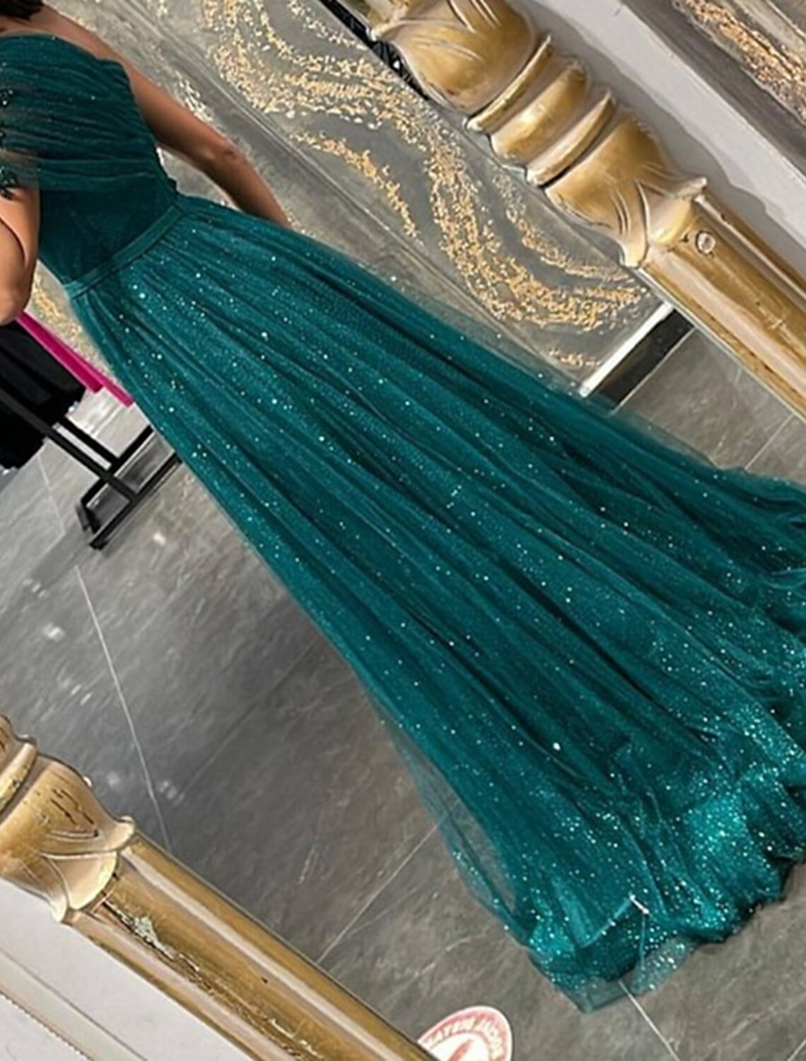 Vestido de noche corte A, brillante, para boda, graduación, cola, sin mangas, un hombro, de tul con apliques fruncidos de purpurina