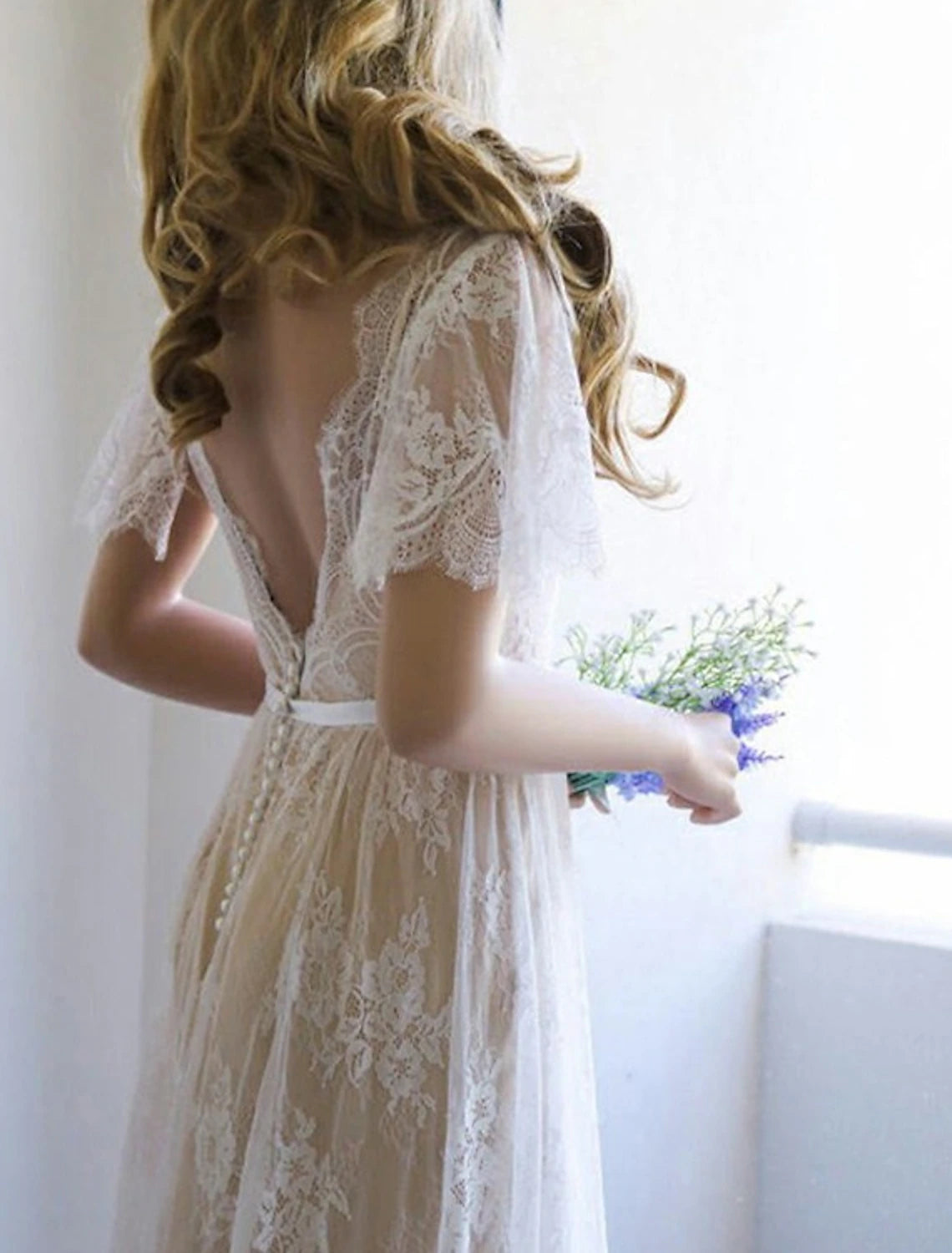 Ivory Lace A-Line Floor-Length Dress with V-Neck and Flutter Sleeves