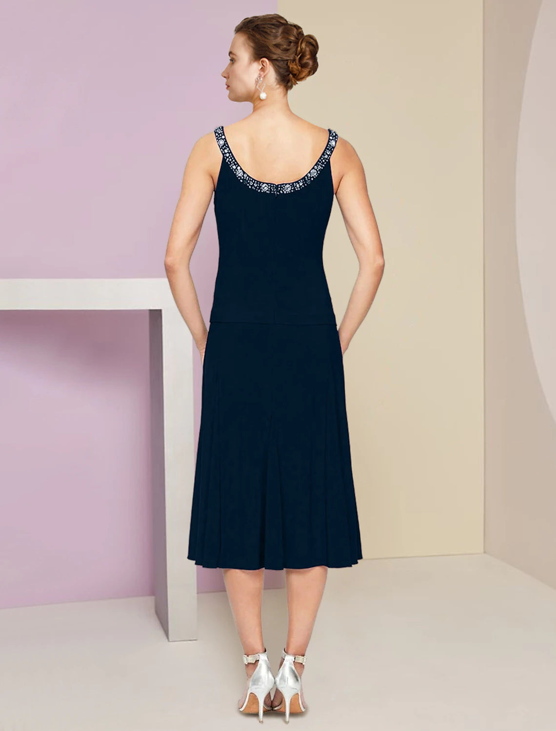 Dark Navy Crepe A-Line Tea-Length Evening Dress with Embellished Keyhole Neckline and Pleated Skirt