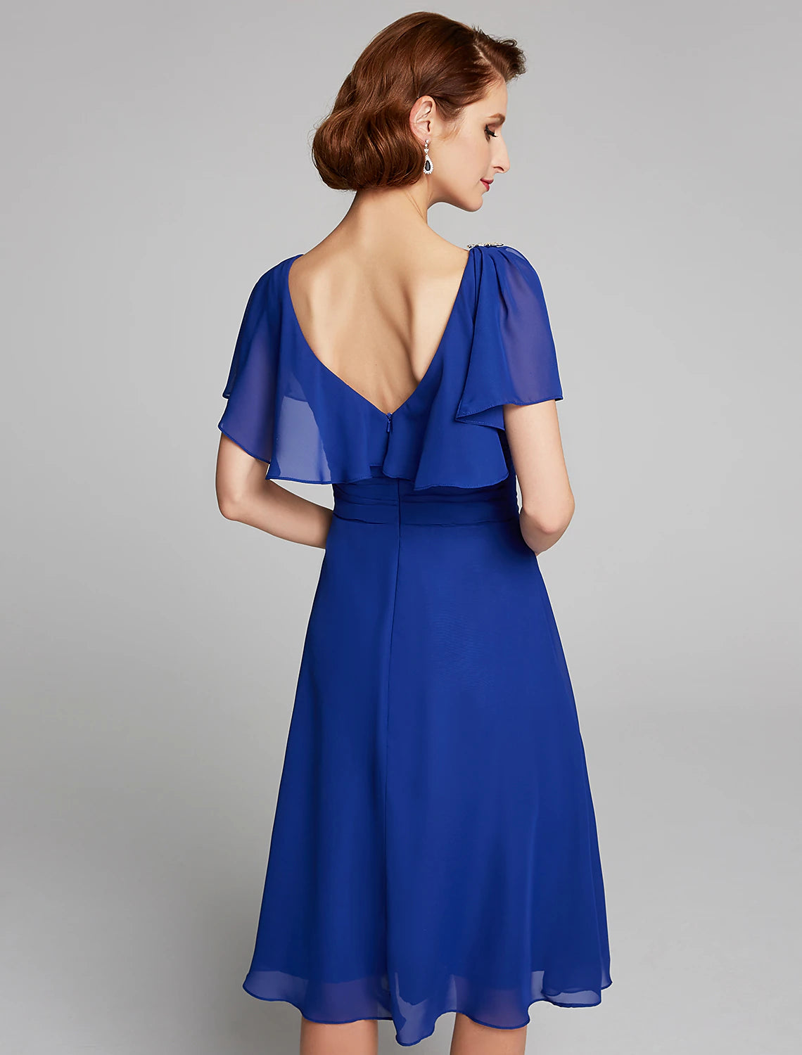 Abito da madre della sposa a trapezio, con scollo a cappuccio, lunghezza al ginocchio, in chiffon, maniche corte con volant