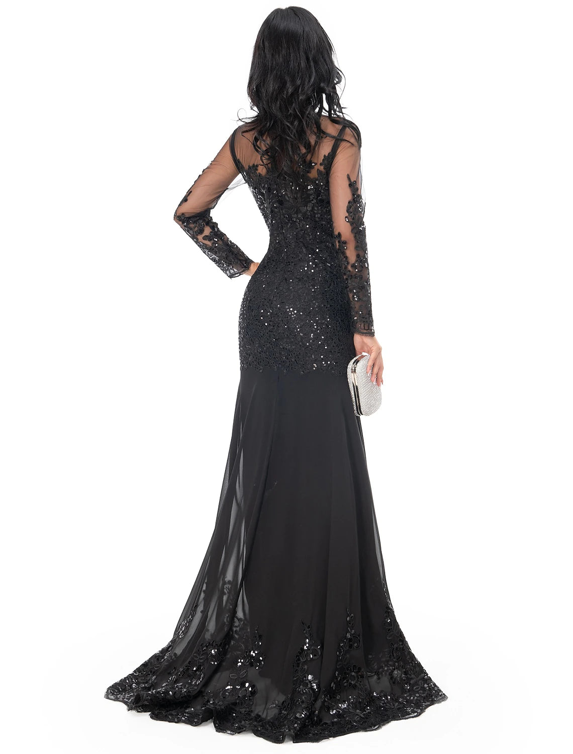 Mermaid Black Dress Evening Gown Sequin Prom Dress Sparkle Formal Gown Sweep / Brush Train Long Sleeve Illusion Neck Lace with Appliques 2025