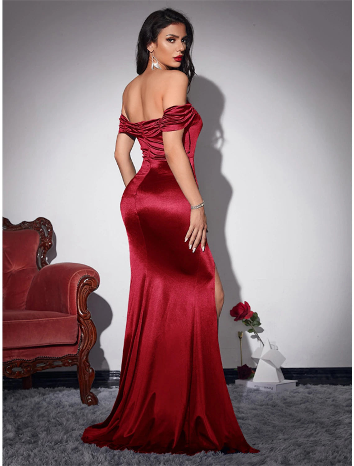 Burgundy Velvet Off-the-Shoulder High Slit Floor-Length Gown