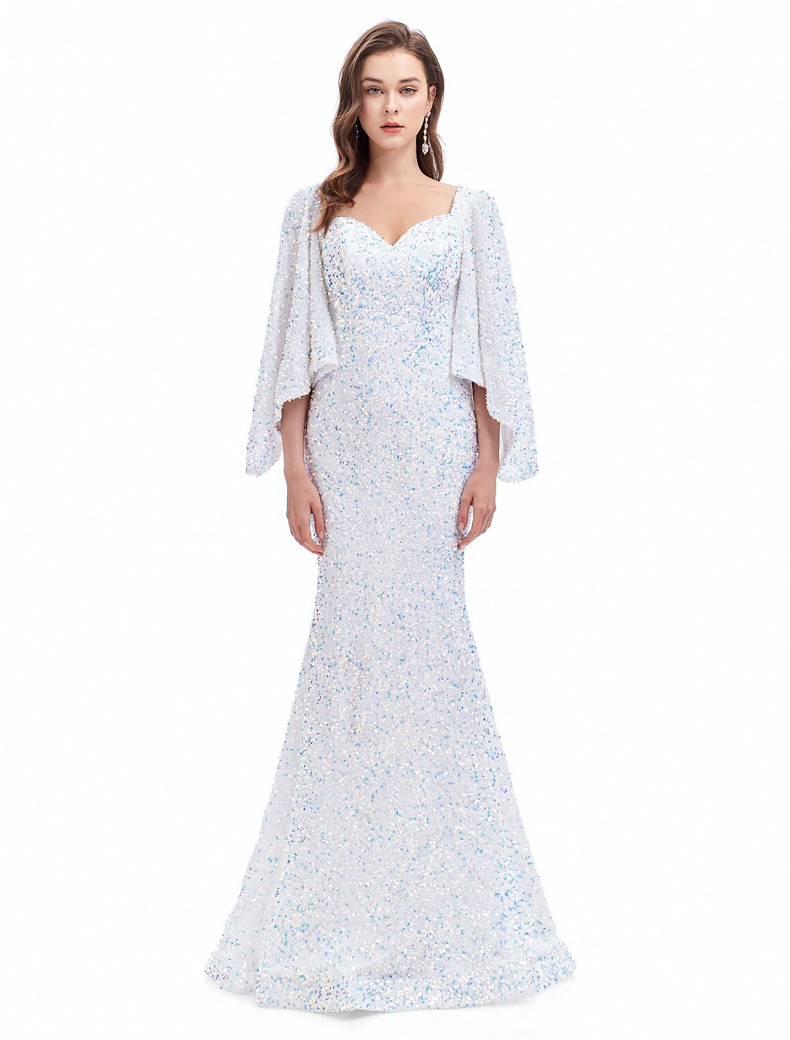 Vestido de noche de sirena/trompeta con brillo, vestido formal de noche, cola de corte, manga larga, escote corazón con lentejuelas