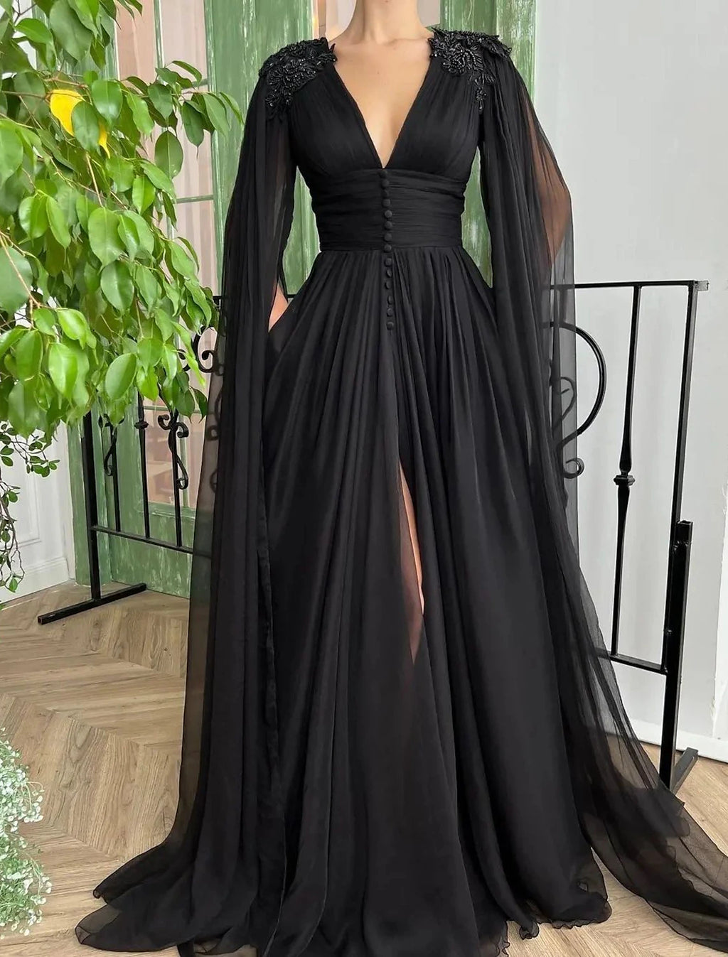 Black Chiffon A-Line Floor-Length Evening Dress with Embellished Deep V-Neck