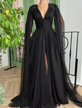 Black Chiffon A-Line Floor-Length Evening Dress with Embellished Deep V-Neck