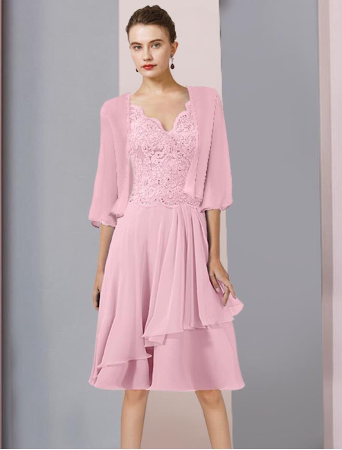 Pink Chiffon A-Line Knee-Length Evening Dress with V-Neck Neckline