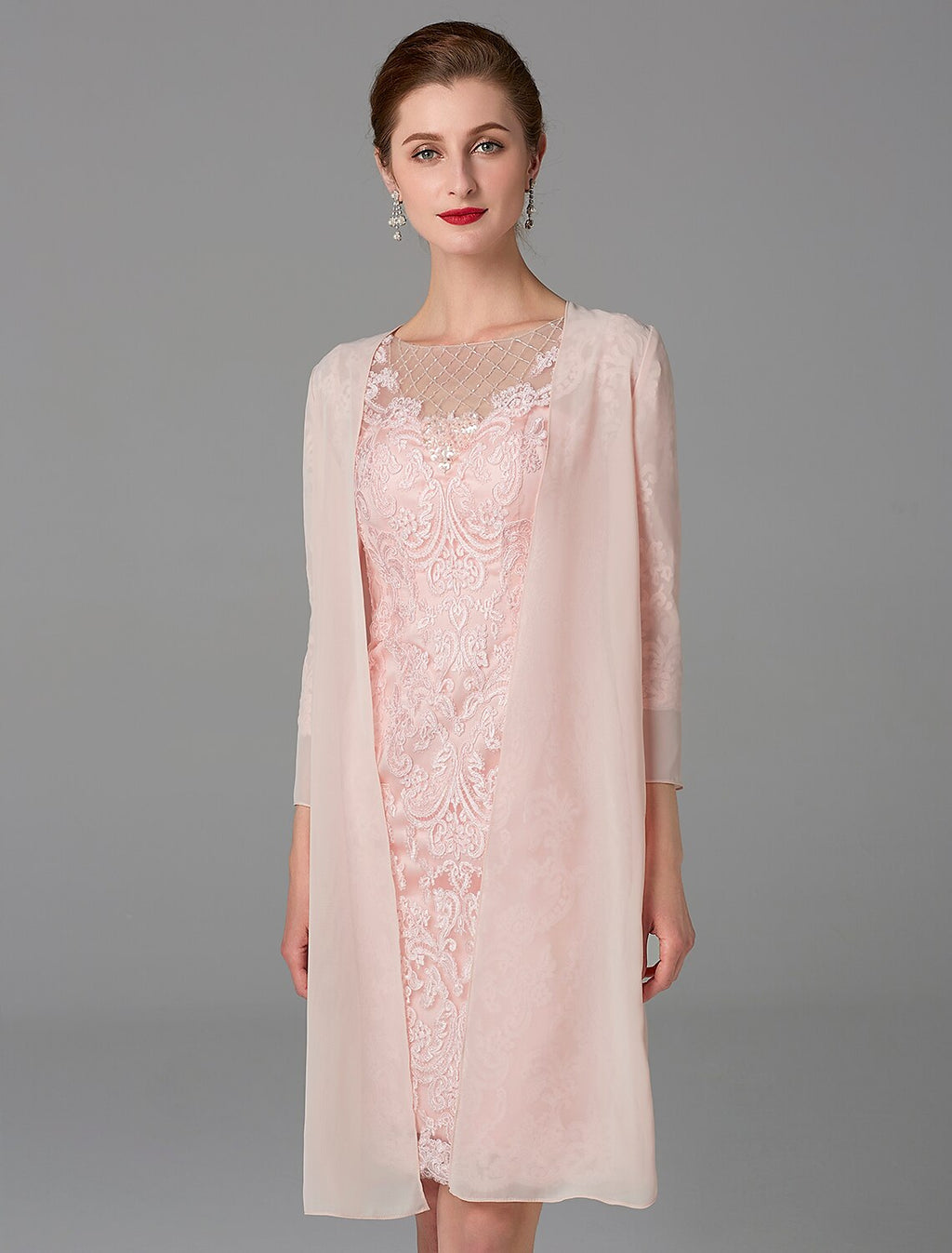 Vestido de madre de la novia de dos piezas, estilo tubo/columna, con brillo y brillo, cuello joya, largo hasta la rodilla, de gasa, con encaje, mangas 3/4, chaqueta y apliques de cuentas.