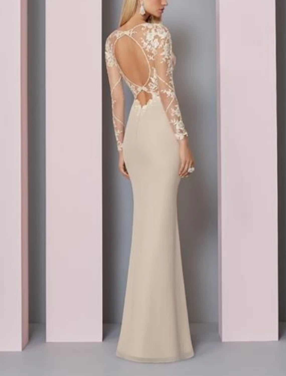 Vestido de Madre de la Novia con Corte Vaina/Columna para Invitadas de Boda Elegante Transparente Cuello Joya Largo hasta el Suelo Gasa Encaje Manga Larga con Apliques