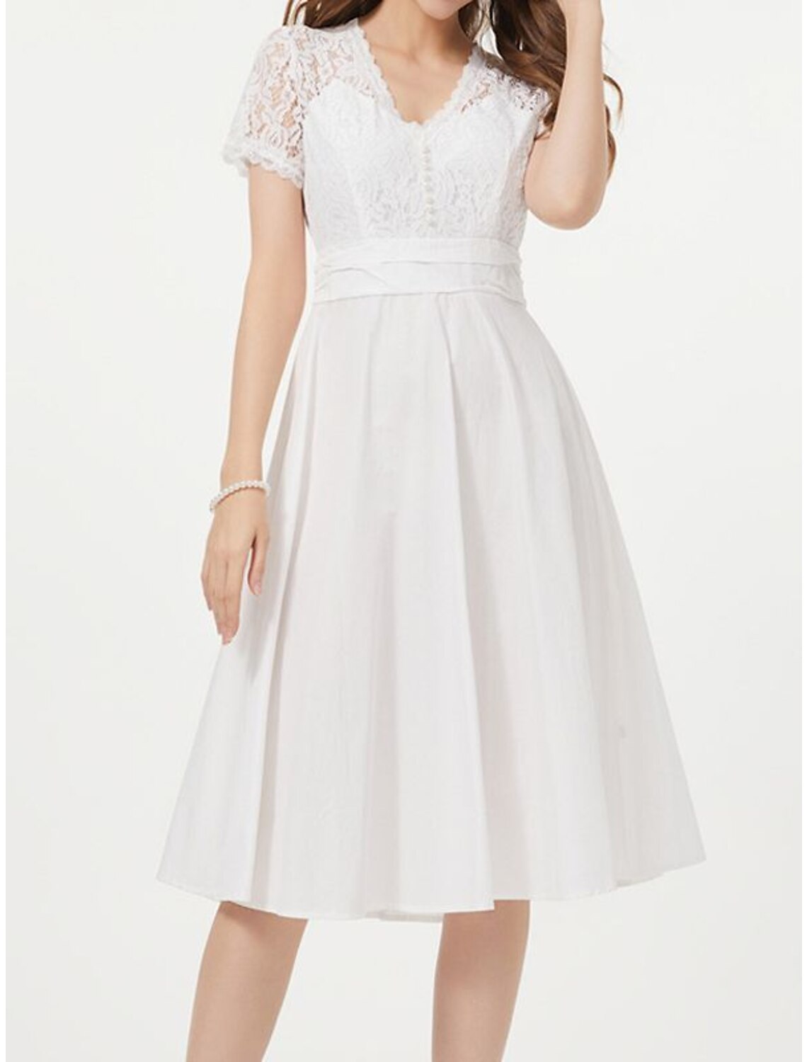 Abiti da festa a trapezio, eleganti, da invitare a nozze, da ballo, lunghezza al ginocchio, maniche corte, scollo a V, in raso con applicazioni