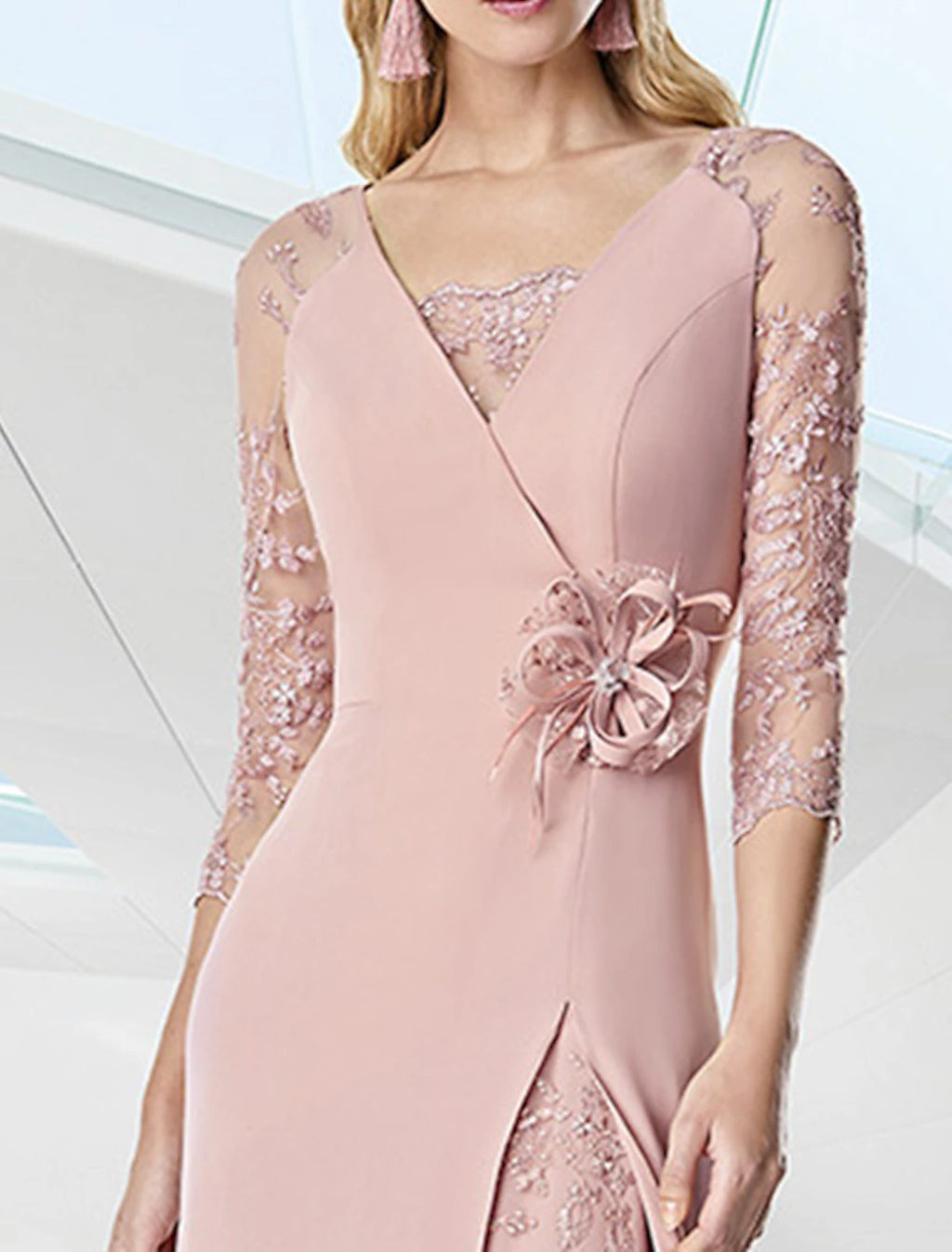 Blushing Pink Chiffon & Lace V-Neck Floor-Length Sheath/Column Dress with Illusion Sleeves