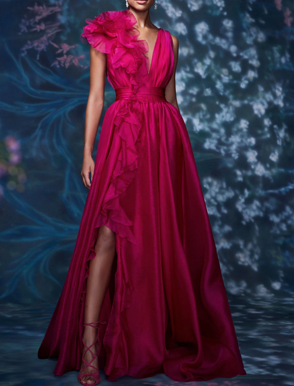 Abito da sera a trapezio, stile celebrità, rosso e verde, formale, da ospite di nozze, lungo fino al pavimento, senza maniche, scollo a V, in chiffon con spacco, colore puro