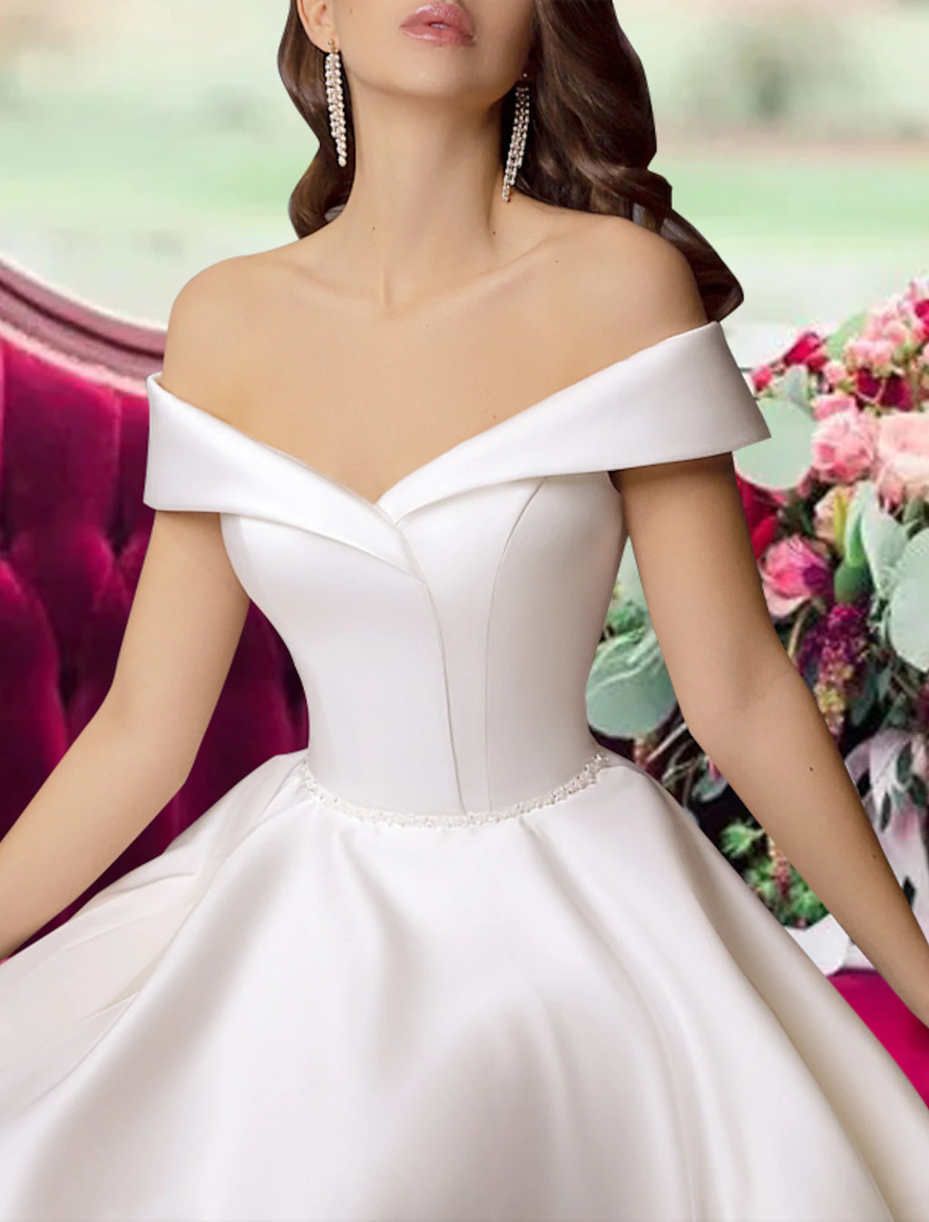 Ivory Satin Off-the-Shoulder A-Line Midi Bridesmaid Dress
