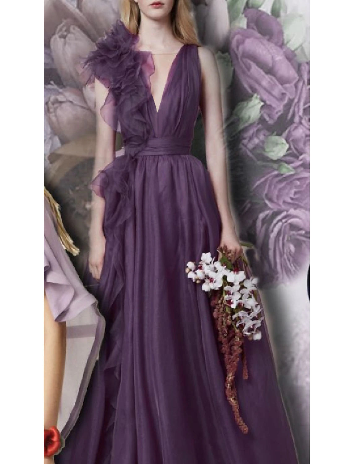 Vestido de noche estilo celebridad, corte en A, color rojo y verde, formal, para invitados de boda, largo hasta el suelo, sin mangas, escote en V, de gasa con abertura, color puro.