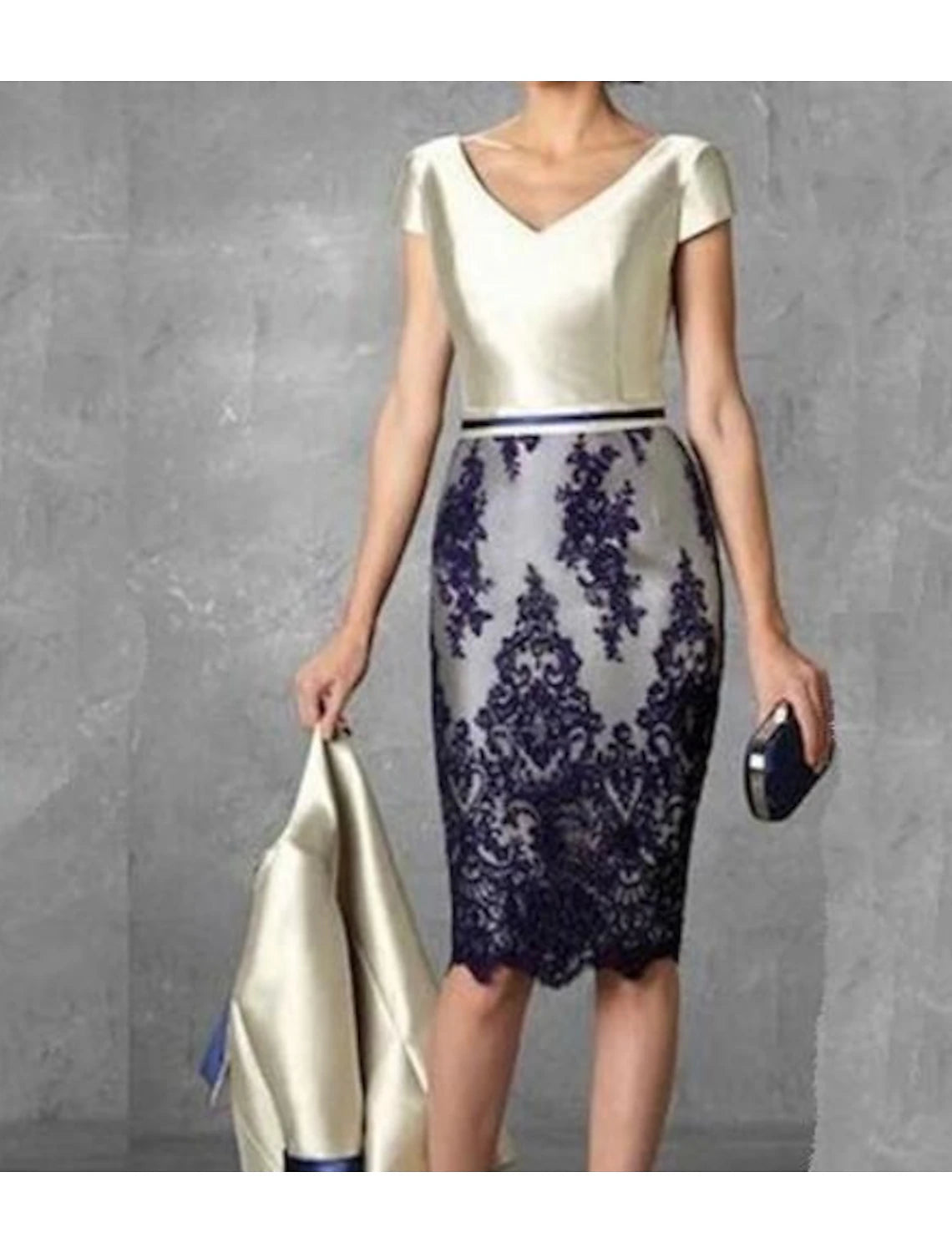 Vestido de dos piezas para madre de la novia, estilo tubo/columna, para invitada de boda, estilo vintage, talla grande, escote en V, largo hasta la rodilla, encaje satinado, manga 3/4, con chaqueta y bloques de color