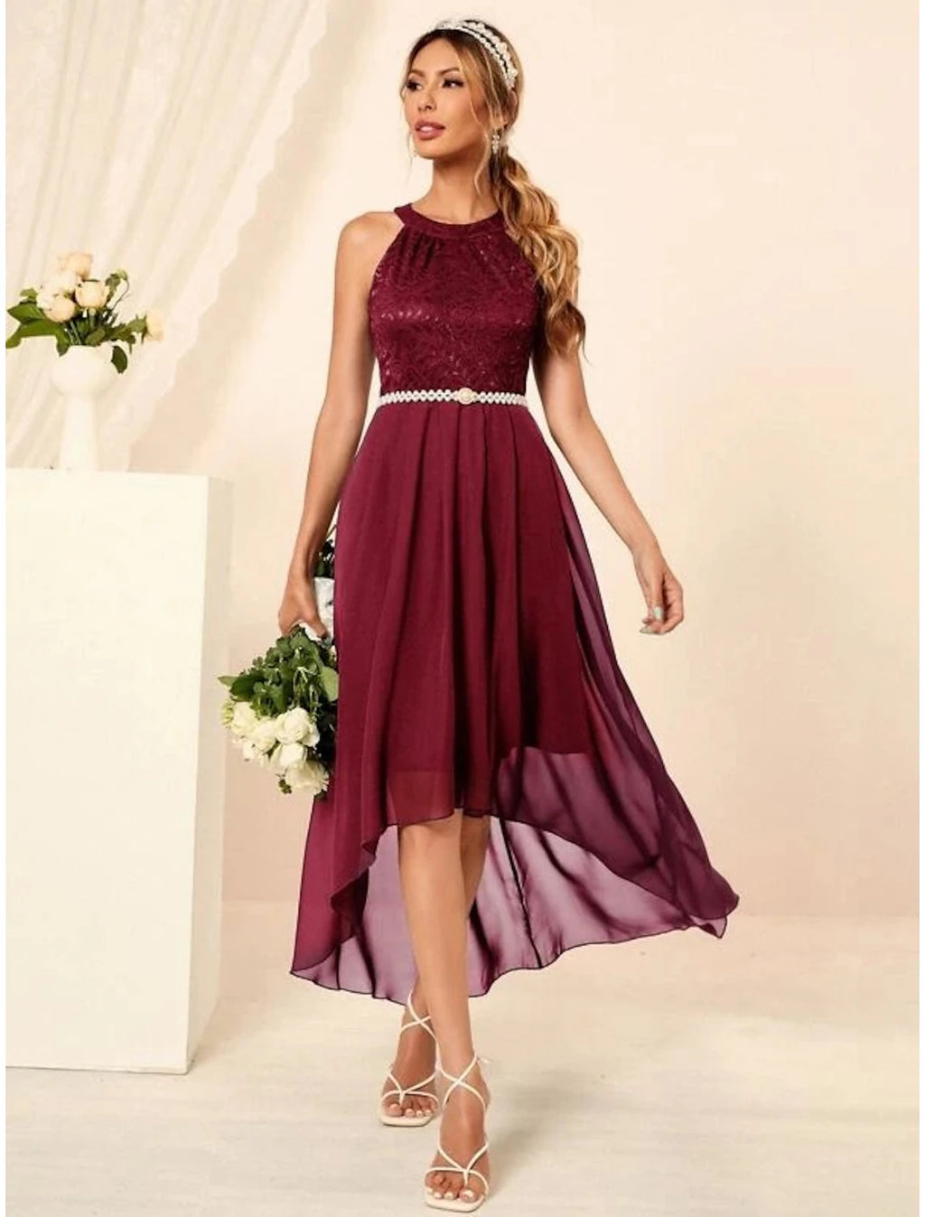 Burgundy Lace Chiffon A-Line High-Low Dress with Halter Neckline for Bridesmaids & Wedding Guests