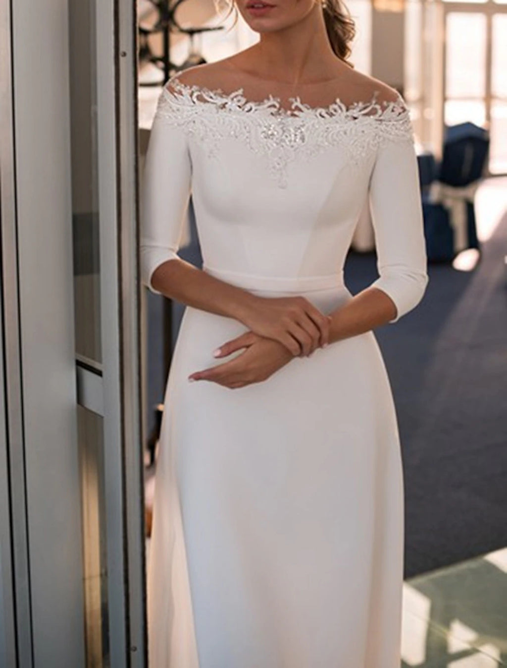 Ivory Crepe Off-the-Shoulder Floor-Length Evening Dress with Lace Neckline