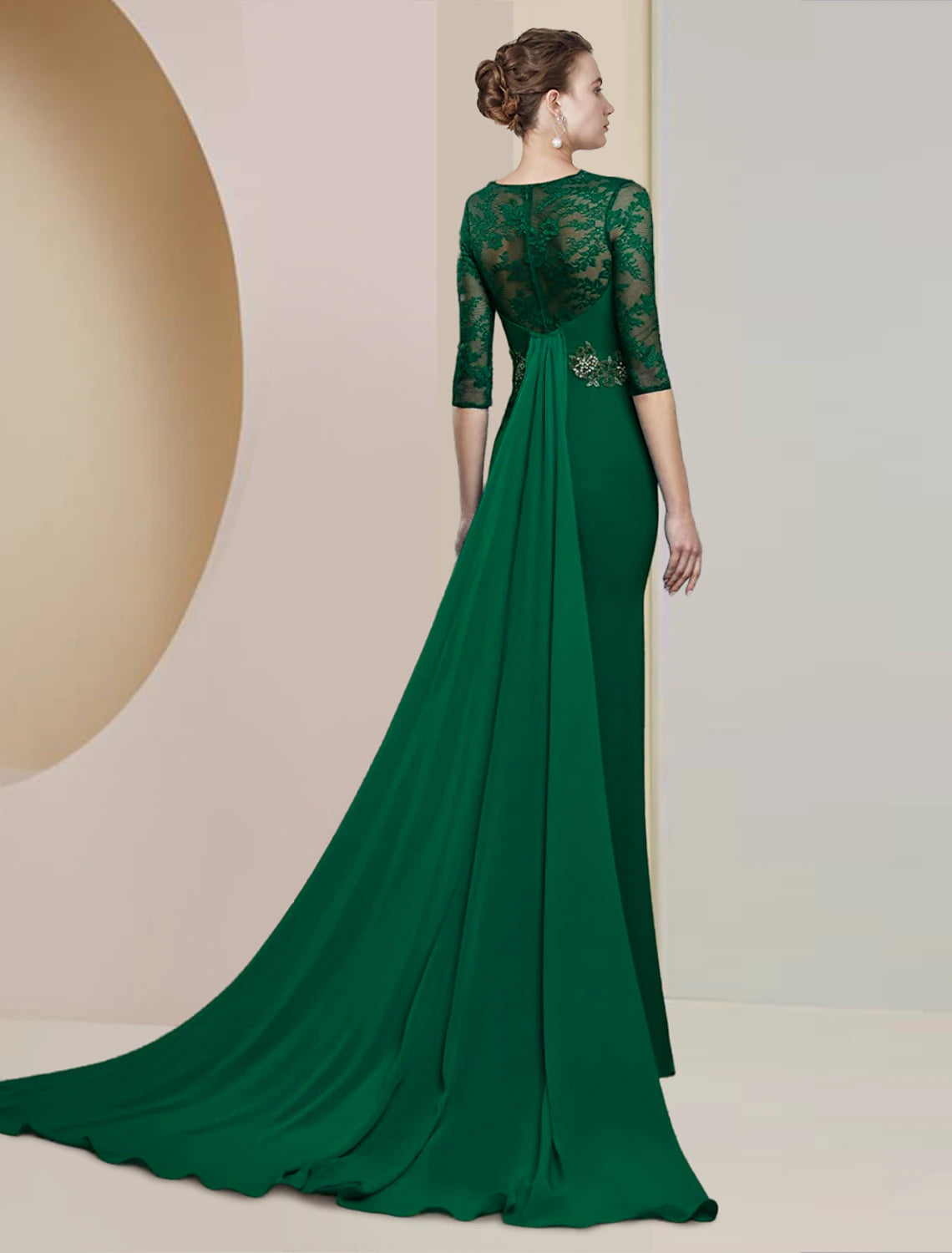 Emerald Crepe Mermaid Evening Dress with Lace Sleeves & Front Split
