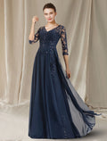 Vestido elegante de madre de la novia de corte A, escote en V, largo hasta el suelo, de gasa, encaje con lentejuelas, media manga con apliques de lentejuelas