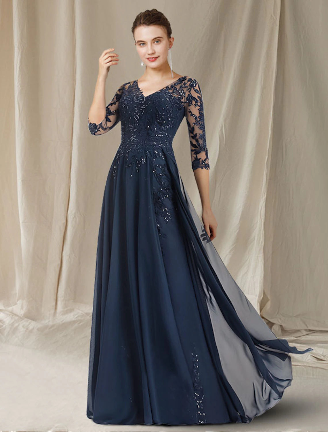 Vestido elegante de madre de la novia de corte A, escote en V, largo hasta el suelo, de gasa, encaje con lentejuelas, media manga con apliques de lentejuelas
