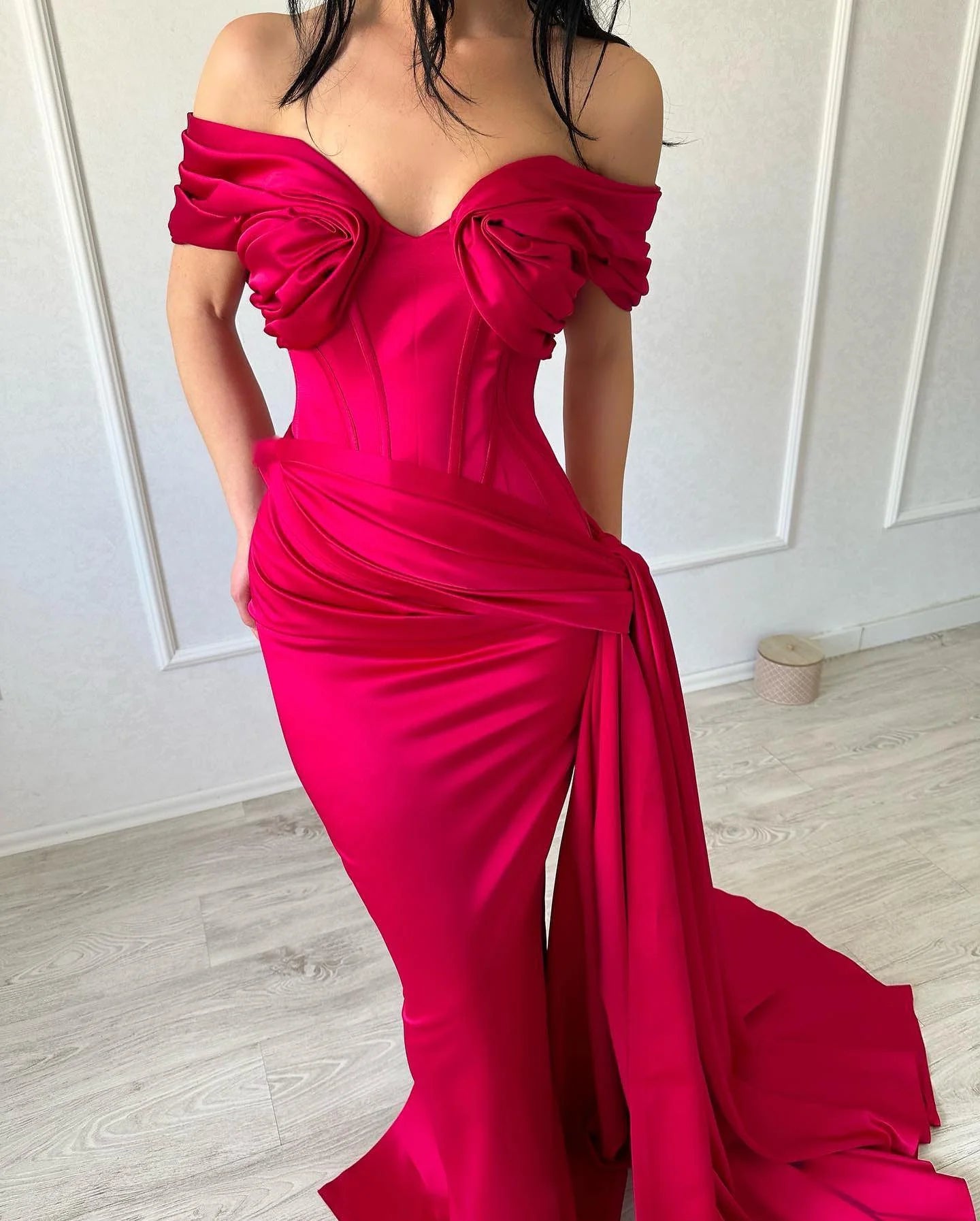Elegant long fish tail off shoulder sleeveless V-neck satin purple red evening dress