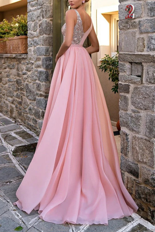 Blushing Pink Chiffon A-Line Floor-Length Gown with Embellished V-Neck