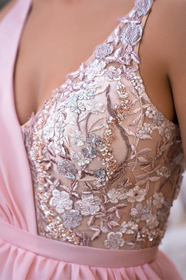 Blushing Pink Chiffon A-Line Floor-Length Gown with Embellished V-Neck