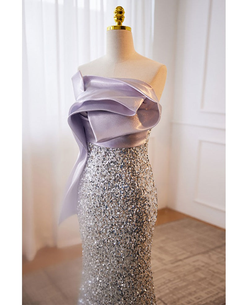 Vestido de noche con lentejuelas, hombros descubiertos, sin mangas, color lavanda brillante, con tirantes sin espalda estilo sirena color lavanda y largo hasta el suelo.