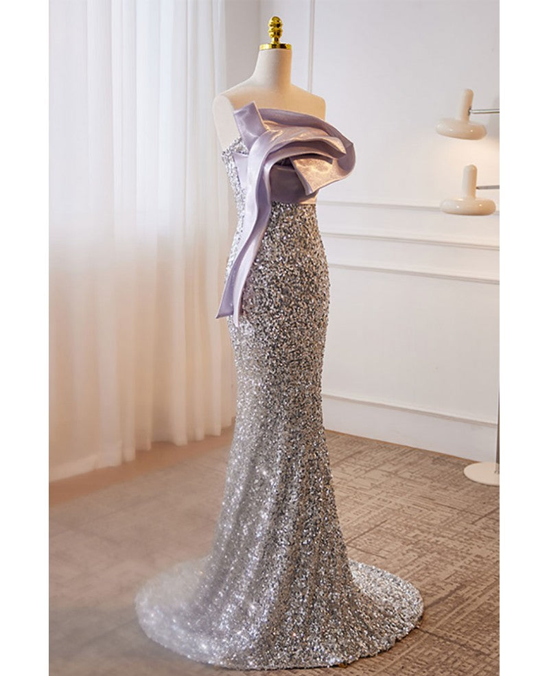 Vestido de noche con lentejuelas, hombros descubiertos, sin mangas, color lavanda brillante, con tirantes sin espalda estilo sirena color lavanda y largo hasta el suelo.