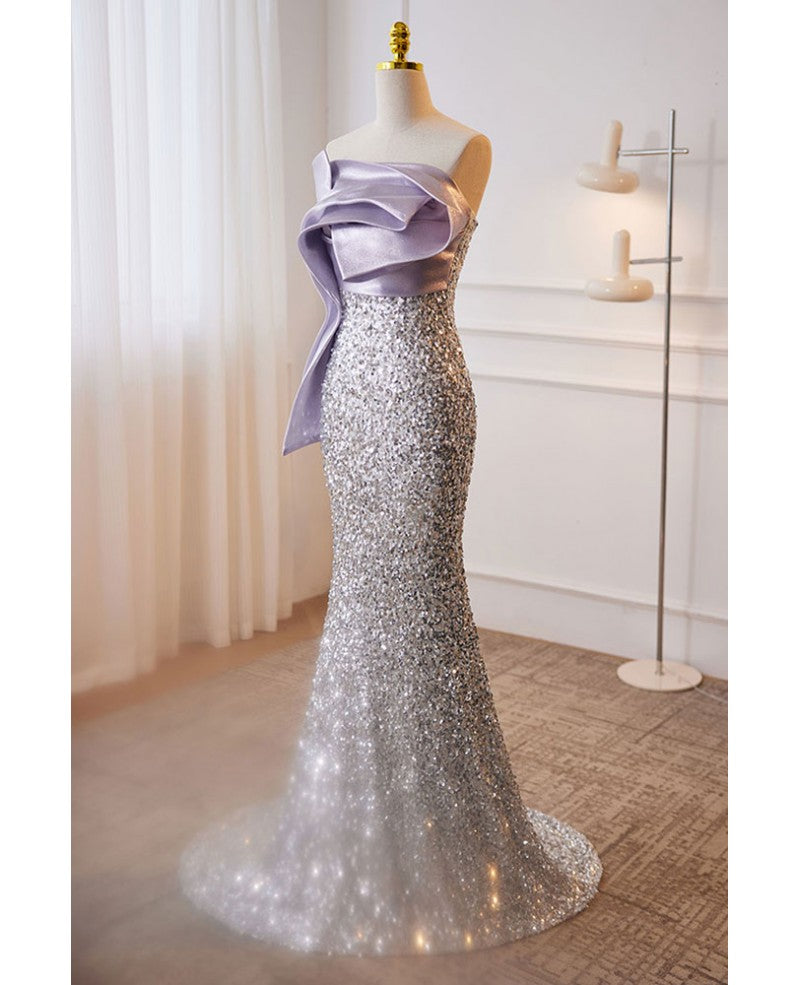 Sparkling lavender color sleeveless off shoulder sequin evening dress with lavender color mermaid backless strap and floor length evening dress