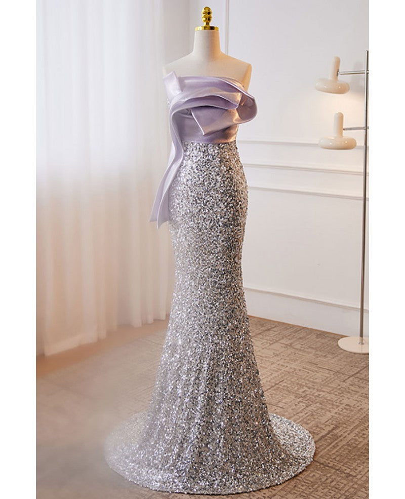Sparkling lavender color sleeveless off shoulder sequin evening dress with lavender color mermaid backless strap and floor length evening dress
