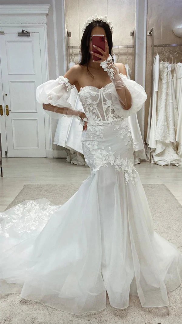 Vestido de novia de gasa fina con cola de gasa fina y pegatina de manga de burbuja desmontable con forma de corazón
