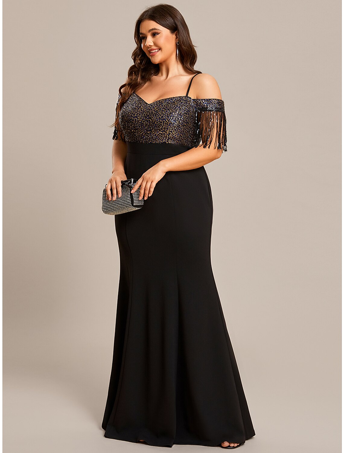 Black Sequin Mermaid Floor-Length Evening Dress with Fringe Sleeves