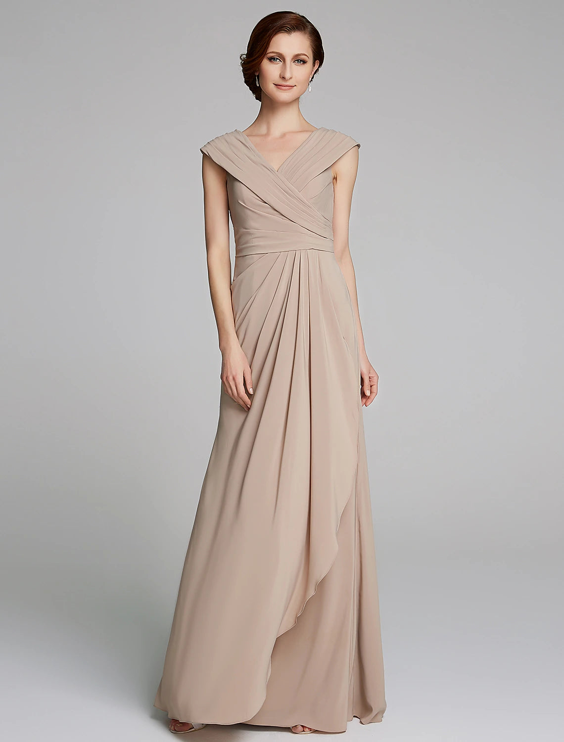 Sheath / Column Mother of the Bride Dress Elegant V Neck Floor Length Jersey Short Sleeve with Pleats