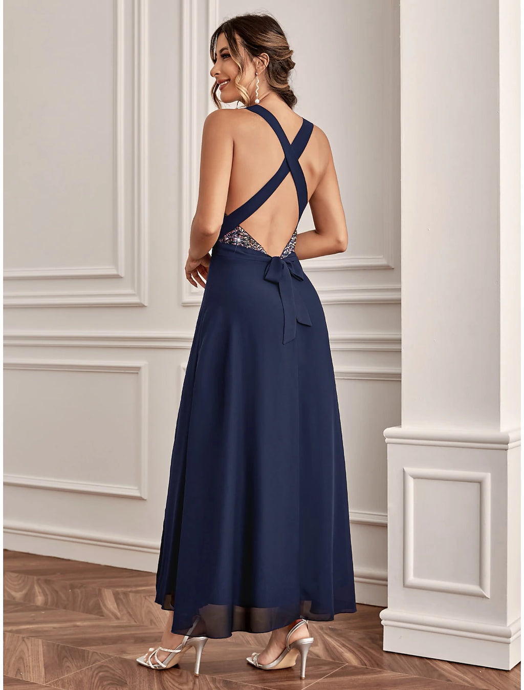 Dark Navy Sequin A-Line Floor-Length Bridesmaid Dress with Illusion V-Neck and High Slit