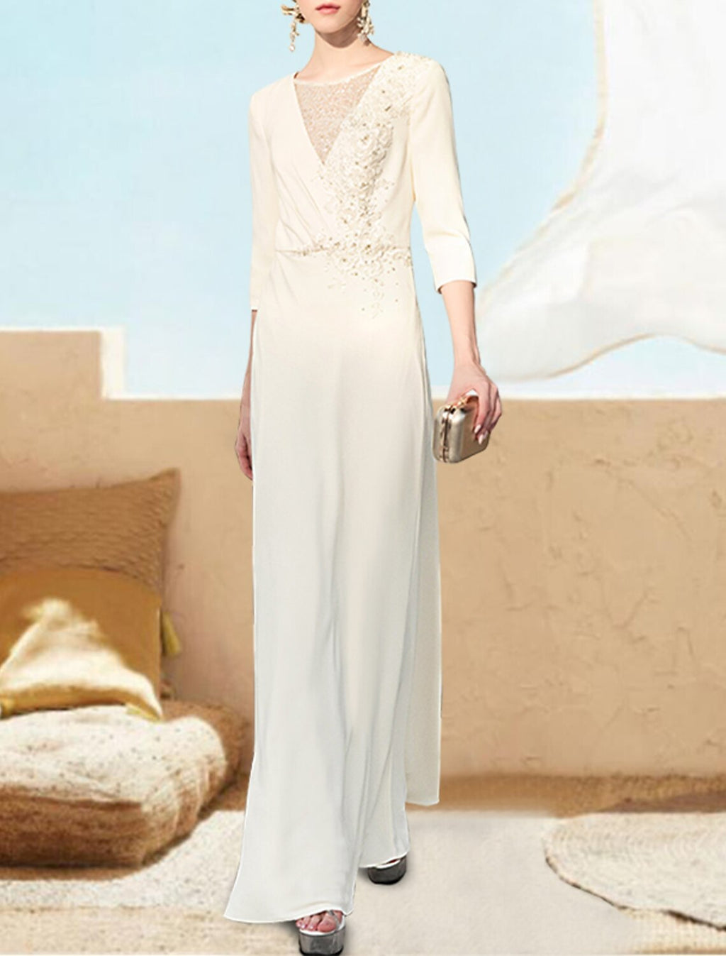 Ivory Chiffon A-Line Floor-Length V-Neck Dress with Embroidered Bodice
