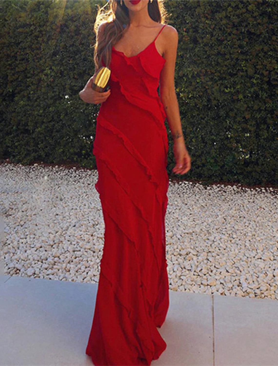 Abiti da festa a tubino/colonna, abito plissettato a strati, abito da ospite di nozze, festa, strascico a ruota, senza maniche, spalline sottili, in chiffon con volant e spacco