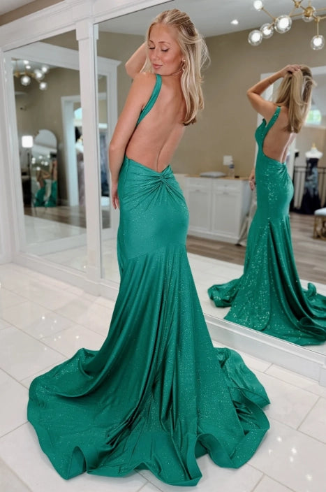 emerald Glitter Fabric mermaid plunging-v-neck open-back floor-length Dress Back View - Jimiss