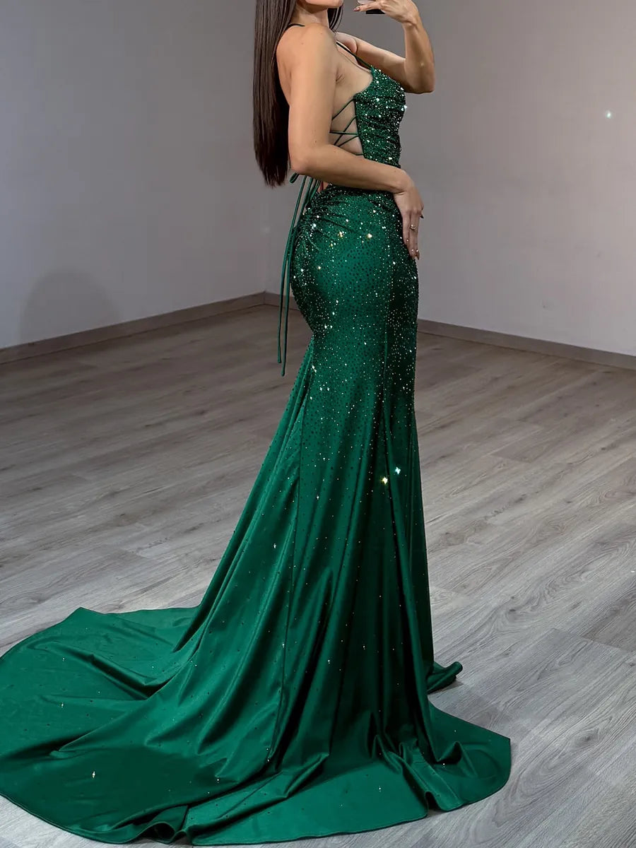 Emerald Green Glitter Fabric Mermaid Sweetheart Lace Up Back Floor Length Dress - Jimiss
