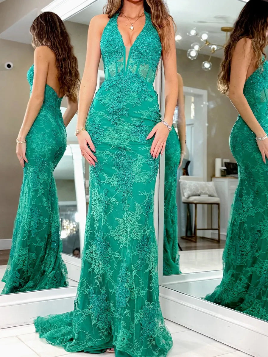 Emerald Green Lace Mermaid Halter Low Back Floor-Length Dress - Jimiss