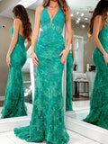 Emerald Green Lace Mermaid Halter Low Back Floor-Length Dress - Jimiss