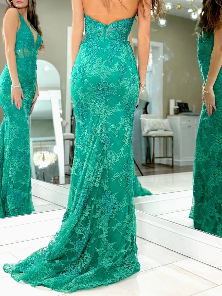 Emerald Green Lace Mermaid Halter Low Back Floor-Length Dress - Jimiss